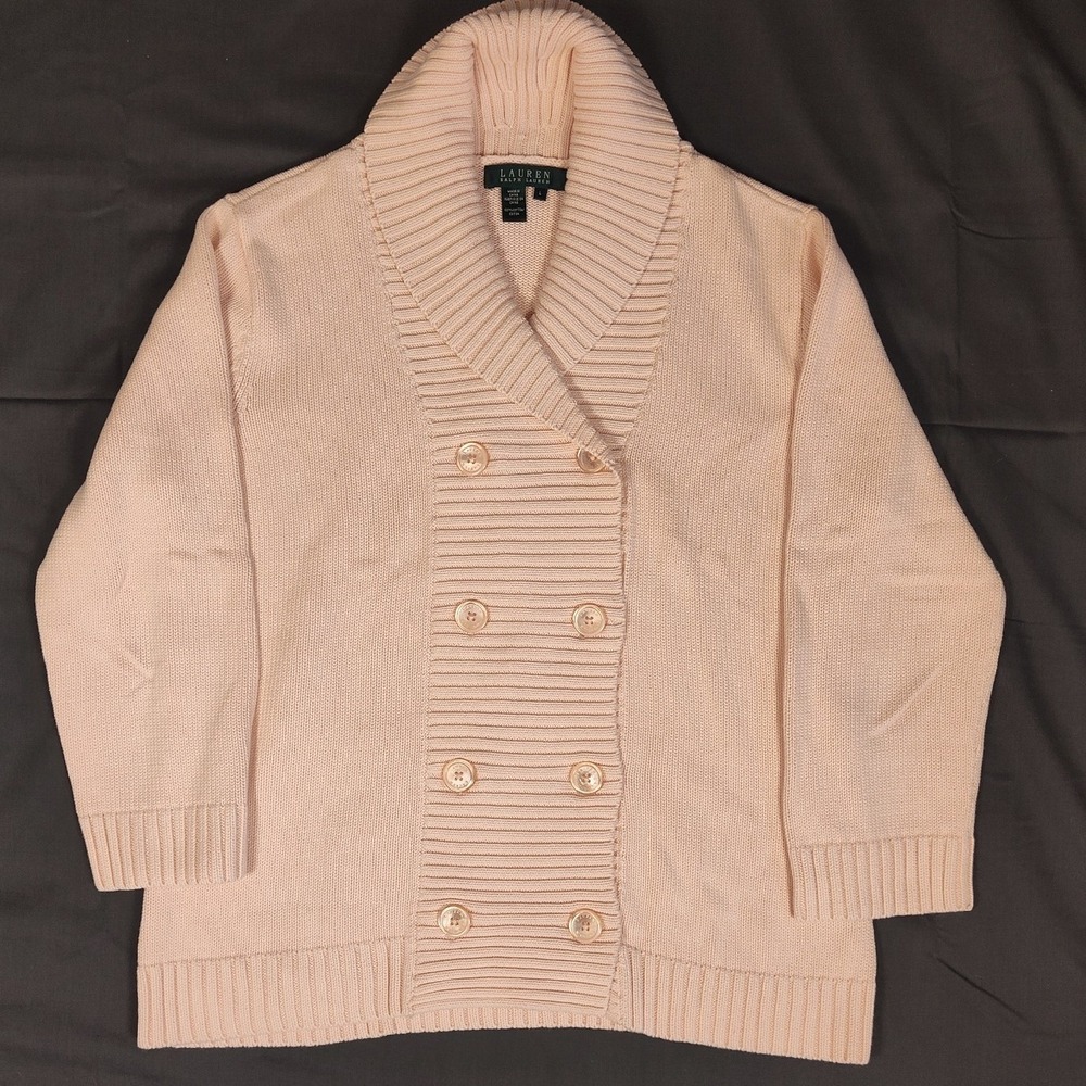Lauren Ralph Lauren Pink Cotton Double Breasted Shawl Collar Cardigan Sweater L